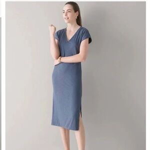 White House Black Market V Neck Cap Sleeve Slub Slit Midi Dress Indigo Size Med